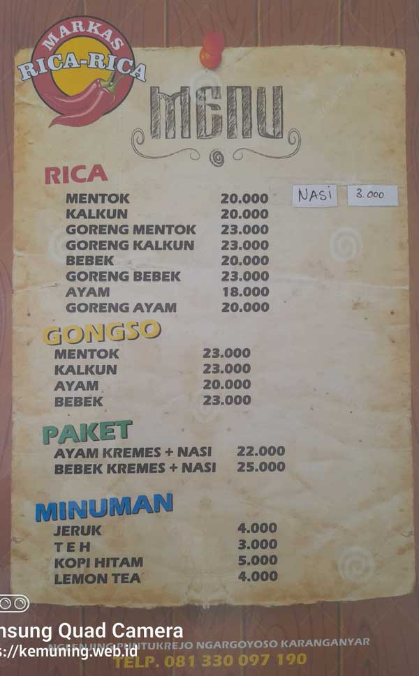 daftar menu harga resto markas rica ngargoyoso